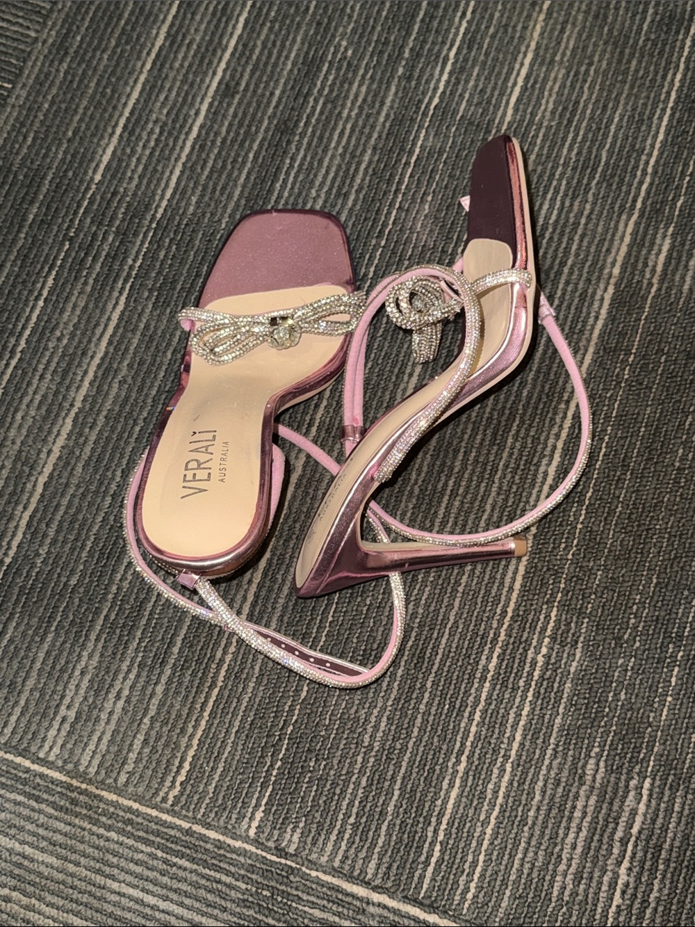 Pink Metallic Strappy High Heel Sandals with Crystal Bow